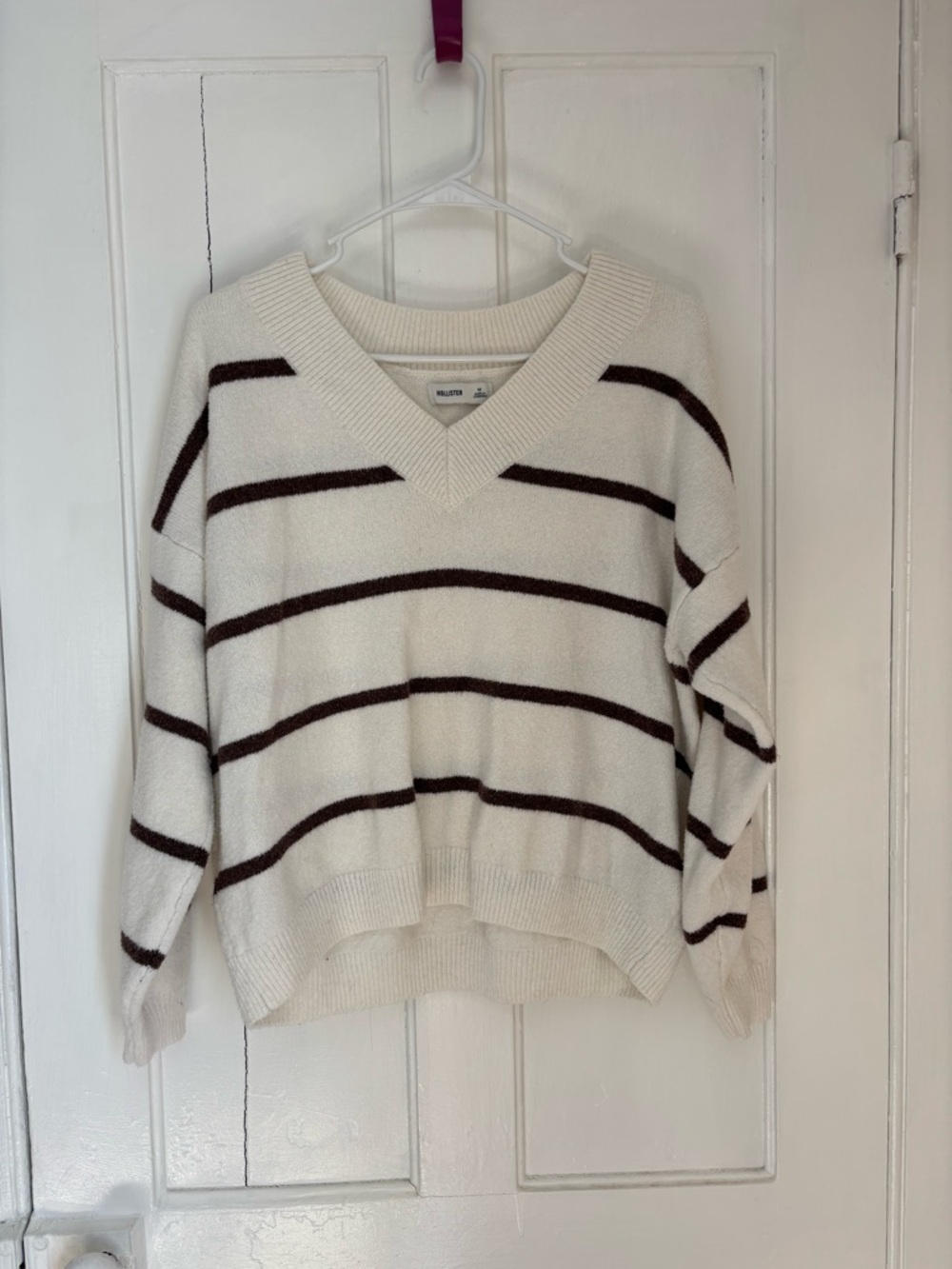 Hollister Cream V-Neck Sweater with Brown Stripes
